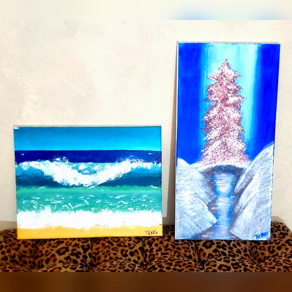 Acrylic Paintings, Big Wave and Red Tree